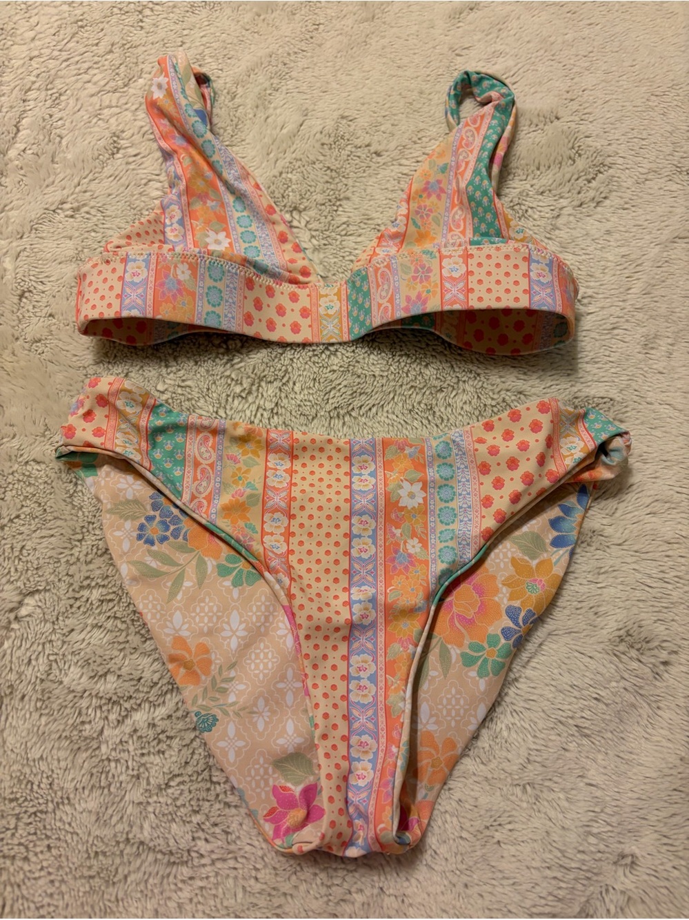 O’Neill Striped Floral Two-Piece Bikini in Peach, Teal, Coral sz xs